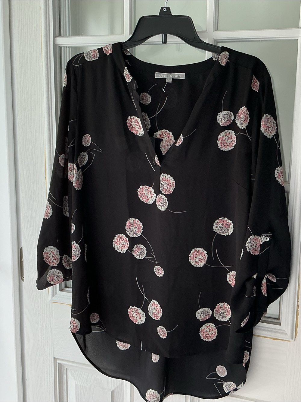 Daniel Rainn Black Floral V-Neck Blouse - Pink/White Accents